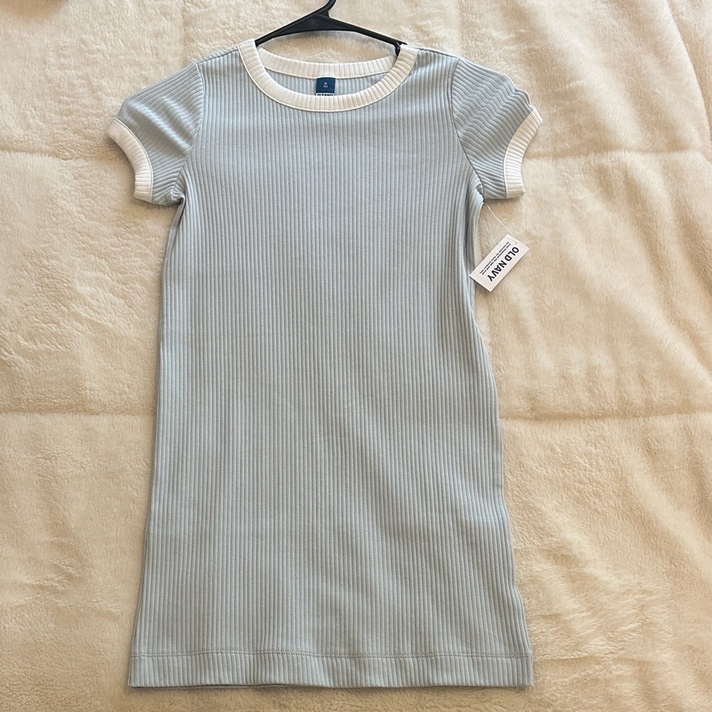 Old Navy Kids Ribbed Dress - Soft Blue and Cream